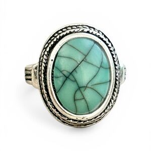 Vintage-Inspired Faux Turquoise Oval Statement Ring Size 7
